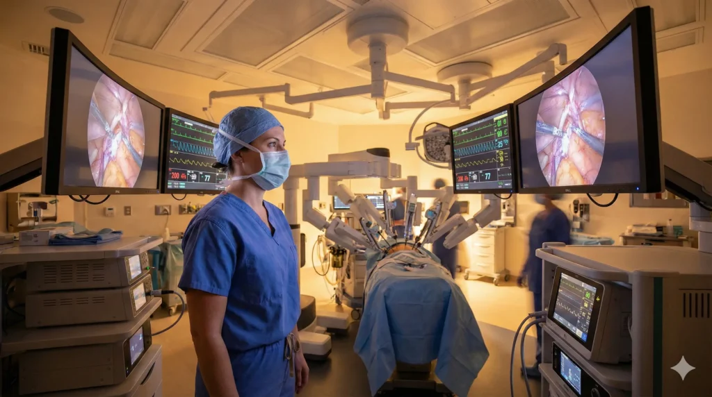 מנתחת בכירה, עומדת בחדר ניתוח מודרני ומתבוננת במסכים המציגים ניתוח בגישה זעיר-פולשנית (לפרוסקופיה). ברקע נראית מערכת כירורגית רובוטית מתקדמת וציוד ניטור.