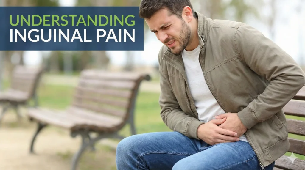 גבר צעיר יושב על ספסל ומחזיק את אזור המפשעה בביטוי של כאב ואי נוחות, המדגים תסמינים של בקע מפשעתי.