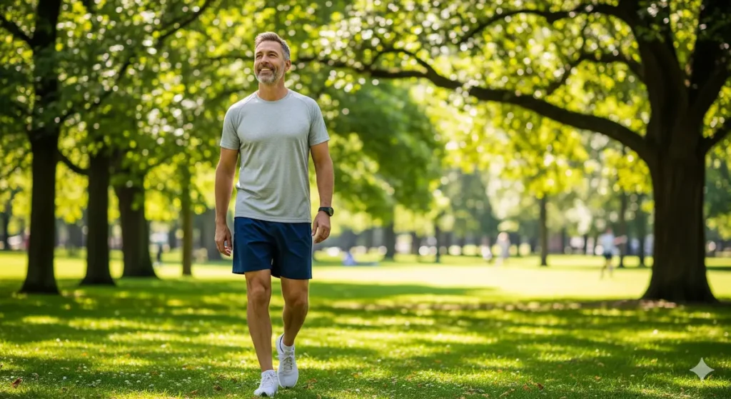 מטופל בריא ומחייך הולך בפארק, ממחיש את ההחלמה מהירה וחזרה לשגרה לאחר ניתוח בקע רובוטי
