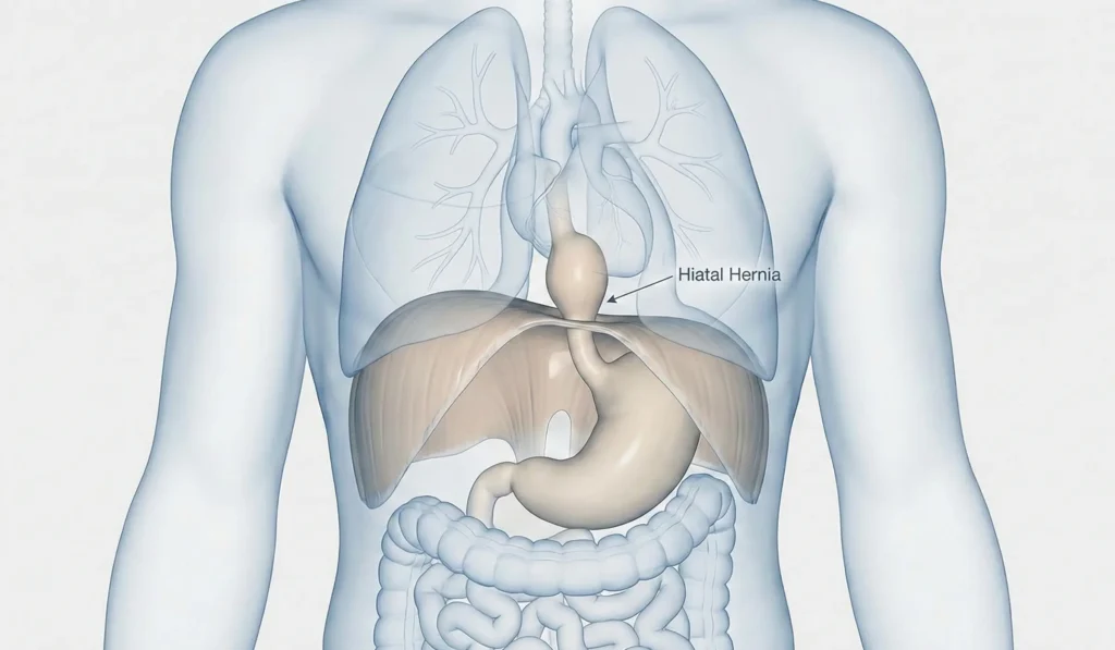 איור אנטומי תלת-ממדי הממחיש בקע סרעפתי. באיור ניתן לראות כיצד חלק מהקיבה עולה מחלל הבטן אל תוך חלל החזה דרך פתח בשריר הסרעפת.