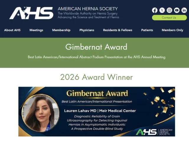 I’m so incredibly honored and humbled to receive this recognition from the American Hernia Society (AHS) for my presentation at the 2026 Annual Meeting in Denver- Best International Presentation.A heartfelt thank you to Prof. Shmuel Avital, my boss and mentor, for conceiving this study and trusting me to lead it, and to all those in the Surgical Division at Meir Medical Center who took part in this project.@americanherniasociety
@medical_center_meir